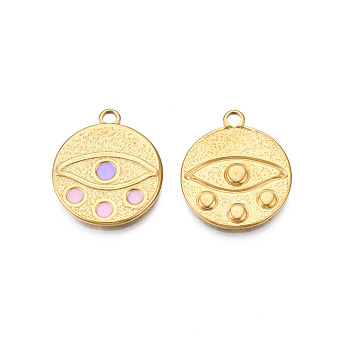 304 Stainless Steel Enamel Pendants, Real 18K Gold Plated, Flat Round with Eye, Lilac, 21x18x1.5mm, Hole: 1mm
