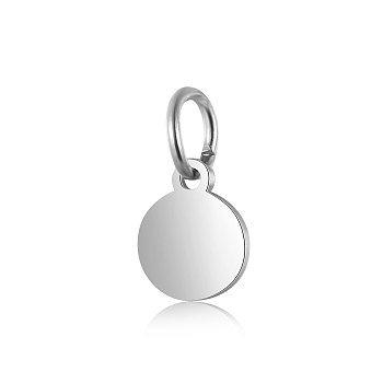 Anti-Tarnish 304 Stainless Steel Pendants, with Jump Ring, Flat Round Charm, Stamping Blank Tag, Stainless Steel Color, 7.5x6x1mm, Hole: 3.5mm