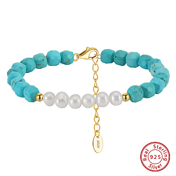 Synthetic Turquoise & Natural Freshwater Pearl & 925 Sterling Silver Beaded Bracelets for Women, Real 14K Gold Plated, 6-1/2 inch(16.5cm)