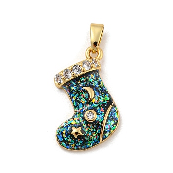 Christmas Brass Micro Pave Cubic Zirconia Pendant, with Synthetic Opal, Christmas Stocking, Prussian Blue, 19x16.5x4.5mm, Hole: 5x3mm