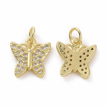 Brass Micro Pave Cubic Zirconia Pendants, Real 18K Gold Plated, with Jump Ring, Butterfly Charms, Clear, 12x12x2mm, Jump Ring: 5x0.8mm, Inner Diameter: 3.2mm