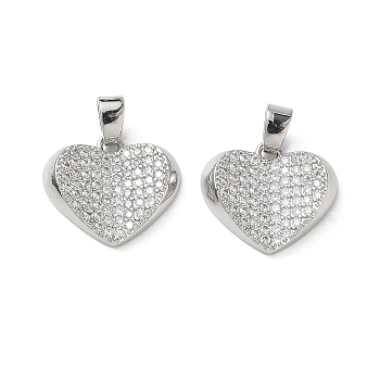 Valentine's Day Brass Micro Pave Clear Cubic Zirconia Pendants, Long-Lasting Plated, Heart Charms, Platinum, 14x16.5x4mm, Hole: 5x3.5mm
