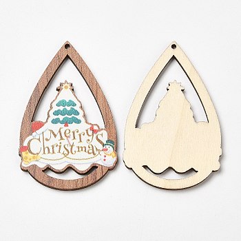 Single Face Christmas Printed Wood Big Pendants, Teardrop Charms with Christmas Tree, Colorful, 54x34.5x2.5mm, Hole: 1.8mm
