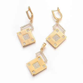 Brass Micro Pave Cubic Zirconia Jewelry Sets, Pendant and Earrings, Long-Lasting Plated, Rhombus, Real 24K Gold Plated, 43mm, Hole: 5x7mm, 52mm, Pin: 0.9mm