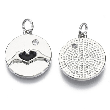 Brass Micro Pave Cubic Zirconia Pendants, with Enamel & Jump Rings, Nickel Free, Valentine's Day, Flat Round with Heart, Clear, Real Platinum Plated, Black, 18x16x2.5mm, Jump Ring: 5.5x0.8mm, inner diameter: 3mm.