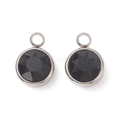 Stainless Steel Color Black Flat Round Stainless Steel+Glass Charms