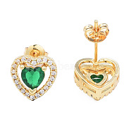 Cubic Zirconia Heart Stud Earrings, Golden Brass Jewelry for Women, Nickel Free, Green, 10x10.5mm, Pin: 0.7mm(EJEW-N011-59D)