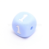 Silicone Beads, for Bracelet or Necklace Making, Arabic Numerals Style, Light Sky Blue Cube, Num.1, 10x10x10mm, Hole: 2mm(SIL-TAC001-02C-1)