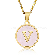 Natural Shell Initial Letter Pendant Necklace, with Golden Stainless Steel Cable Chains, Letter V, 17.72 inch(45cm)(LE4192-16)