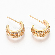 Brass Micro Pave Clear Cubic Zirconia Half Hoop Earrings, Stud Earring, Textured, Semicircular, Nickel Free, Real 18K Gold Plated, 19.5x12.5x5.5mm, Pin: 0.7mm(KK-R117-034A-NF)