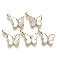 Natural Freshwater Shell Pendants, with Cubic Zirconia and Brass Findings, Nickel Free, Butterfly, Real 18k Gold Plated, Seashell Color, 16x19x3mm, Hole: 2x4mm(X-KK-R112-015-NF)