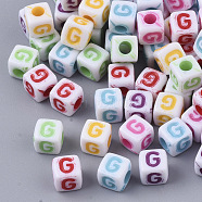 White Opaque Acrylic Beads, Horizontal Hole, Cube with Mixed Color Letter, Letter.G, 5x5x5mm, Hole: 2mm, about 5000pcs/500g(MACR-R869-01G)