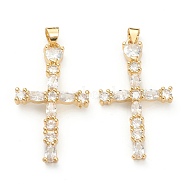 Brass Micro Pave Clear Cubic Zirconia Pendants, Long-Lasting Plated, Cross, Real 18K Gold Plated, 37.5x21x3.5mm, Hole: 4x3.5mm(ZIRC-M117-34G)
