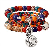 5Pcs 5 Style Wood & Glass Seed & Acrylic Beaded Stretch Bracelets Set with Baseball, Bohemian Stackable Bracelets with Alloy Wings & Pairs Charm for Women, Colorful, 7-1/8 inch(18cm), 1Pc/style(JB709B)