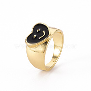 Alloy Enamel Wide Band Rings, Cadmium Free & Lead Free, Light Gold, Heart with Smiling Face, Black, US Size 6 3/4(17.1mm)(RJEW-N034-009B-RS)