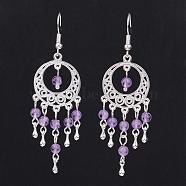 Natural Amethyst Chandelier Earrings, with Alloy Findings and Brass Earring Hooks, Silver Color Plated, 67mm, Pin: 0.7mm(EJEW-JE02183-04)