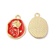 Alloy Enamel Pendants, Cadmium Free & Nickel Free & Lead Free, Golden, Oval with Rose & Word Love Charm, Red, 21x15.5x2.5mm, Hole: 2mm(ENAM-C005-10G-03)