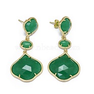 Natural Jade Dangle Stud Earrings, with Golden Brass Findings, Faceted, Dyed, Green, 50mm, Pin: 0.7mm(EJEW-L228-08A)