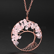 Natural Rose Quartz Chip Tree of Life Pendant Necklaces, Alloy Cable Chain Necklace for Women, 20-7/8 inch(53cm)(WG16286-08)