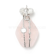Natural Rose Quartz Pendants, Teardrop Charm, with Stainless Steel Color Plated 304 Stainless Steel Elephant Findings, 44x22.5x8.5mm, Hole: 3mm(G-G870-06P)