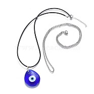 Teardrop Lampwork Evil Eye Pendants Necklaces, with 316 Surgical Stainless Steel Rolo Chains/Cowhide Leather Cord and 304 Stainless Steel Lobster Claw Clasps, with Burlap Paking Pouches Drawstring Bagss, Blue, 17.1 inch(43.5cm), 23.5 inch(59.8cm), 2pcs/set(NJEW-JN02322)