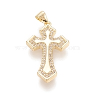 Brass Micro Pave Cubic Zirconia Pendants, Cross, Clear, Real 18K Gold Plated, 28.5x17x2.5mm, Hole: 4.5x3.5mm(KK-M210-02G)