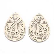 Autumn Theme Brass Pendants, Etched Metal Embellishments, Long-Lasting Plated, Hollow Out Teardrop with Maple Leaf, Light Gold, 45x32x0.5mm, Hole: 1.4mm(KKC-T001-41KC)