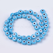 Handmade Evil Eye Lampwork Beads Strands, Flat Round, Light Sky Blue, 7.5x3mm, Hole: 1mm, about 48pcs/strand, 13.7 inch~14.9 inch(LAMP-S191-02B-09)