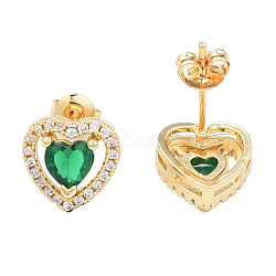 Cubic Zirconia Heart Stud Earrings, Golden Brass Jewelry for Women, Nickel Free, Green, 10x10.5mm, Pin: 0.7mm(EJEW-N011-59D)