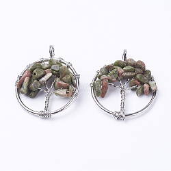 Natural Unakite Pendants, with Brass Findings, Flat Round with Tree of Life, Platinum, 29x5~7mm, Hole: 4.5mm(G-E419-23P)