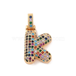 Brass Micro Pave Cubic Zirconia Pendants, Real 18K Gold Plated, Colorful, Letter K, 18.5~24x12.5~25.5x5~5.5mm, Hole: 5x3mm(KK-C076-29K-G02)