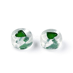 Transparent Acrylic Enamel Beads, Flat Round with Heart, Green, 7x4mm, Hole: 1.8mm, about 108000~111000pcs/15000g(MACR-N008-60F)