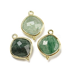 Natural Green Strawberry Quartz Pendants, Rack Plating Golden Plated Brass Faceted Rhombus Charms, 19x14.5x5.5mm, Hole: 1.6mm(G-M431-12G-04)