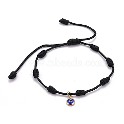 Adjustable Nylon Thread Charm Bracelets, Lampwork Flat Round with Evil Eye, Black, Inner Diameter: 1-3/4~3-5/8 inch(4.6~9.2cm)(X-BJEW-JB06274-01)