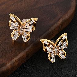 Butterfly Brass Micro Pave Cubic Zirconia Stud Earrings, with Silicone Earplugs, Long-Lasting Plated, Real 18K Gold Plated, 14x15mm(EJEW-B131-07G-02)