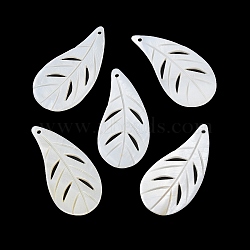 Natural Freshwater Shell Pendants, Hollow Leaf Charms, WhiteSmoke, 44~45x22x2mm, Hole: 1.6mm(BSHE-Z003-24)