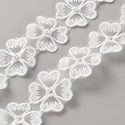 Polyester Flower Lace Trim Ribbon, with Plastic Beads, White, 1-3/8 inch(36mm)(OCOR-WH0100-66)
