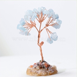 Natural Aquamarine Tree of Life Feng Shui Ornaments, Home Display Decorations, with Agate Slice, 40x35x80mm(TREE-PW0001-17D)
