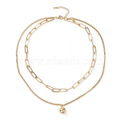 Vacuum Plating 304 Stainless Steel Double Chains Multi Layered Necklace with Round Ball Charms for Women, Golden, 16.34 inch(41.5cm)(STAS-E155-07G)