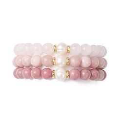 3Pcs Round Natural Rose Quartz & Rhodochrosite & Pink Opal & Pearl Beaded Stackable Stretch Bracelets Sets, Inner Diameter: 2-1/8 inch(5.5cm)(BJEW-JB12995)