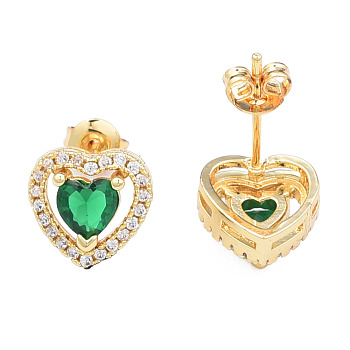 Cubic Zirconia Heart Stud Earrings, Golden Brass Jewelry for Women, Nickel Free, Green, 10x10.5mm, Pin: 0.7mm