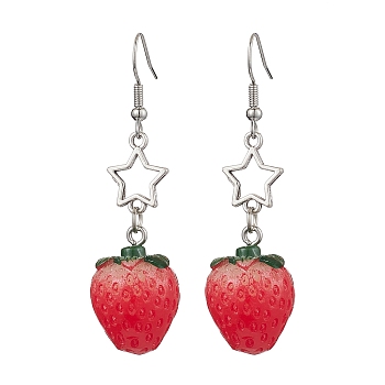 Resin with Alloy Pendants Earring, with Iron Earring Hooks Finding, Strawberry with Star, Red, 55x16.5mm