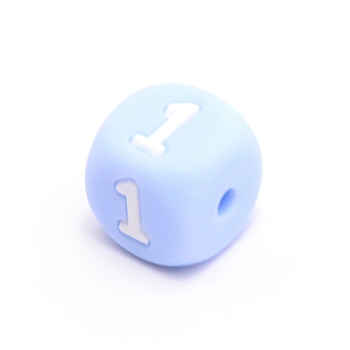 Silicone Beads, for Bracelet or Necklace Making, Arabic Numerals Style, Light Sky Blue Cube, Num.1, 10x10x10mm, Hole: 2mm