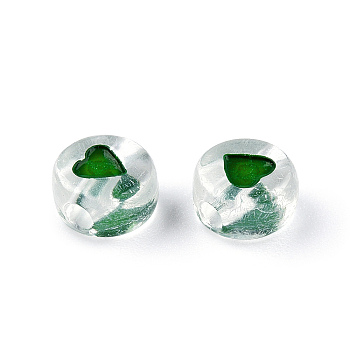 Transparent Acrylic Enamel Beads, Flat Round with Heart, Green, 7x4mm, Hole: 1.8mm, about 108000~111000pcs/15000g