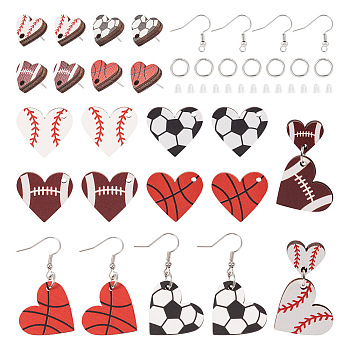 DIY Sport Theme Earring Making Kit, Including Printed Wood Heart Pendants, Brass Earring Hooks & Jump Rings, Plastic Ear Nuts, Mixed Color, 132Pcs/box