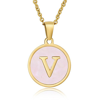 Natural Shell Initial Letter Pendant Necklace, with Golden Stainless Steel Cable Chains, Letter V, 17.72 inch(45cm)