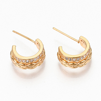 Brass Micro Pave Clear Cubic Zirconia Half Hoop Earrings, Stud Earring, Textured, Semicircular, Nickel Free, Real 18K Gold Plated, 19.5x12.5x5.5mm, Pin: 0.7mm