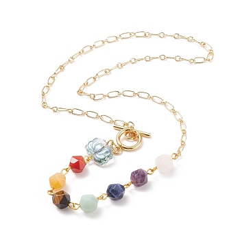 Natural Mixed Gemstone Beaded Pendant Necklace with Glass Lotus, 7 Chakra Jewelry for Women, Golden, 18.39 inch(46.7cm)