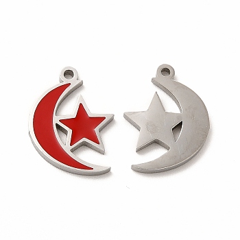 304 Stainless Steel Pendants, With Enamel, Moon With Star, Red, 15.5x11.5x1mm, Hole: 1.2mm