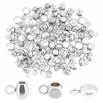 DICOSMETIC 60Pcs 3 Style 304 Stainless Steel Tube Bails, Loop Bails, Barrel & Ring & Cube Bail Beads, Stainless Steel Color, 7~8.5x4~6x2~4mm, Hole:  1.6~2mm, Inner Diameter: 2~4mm, 30pcs/style